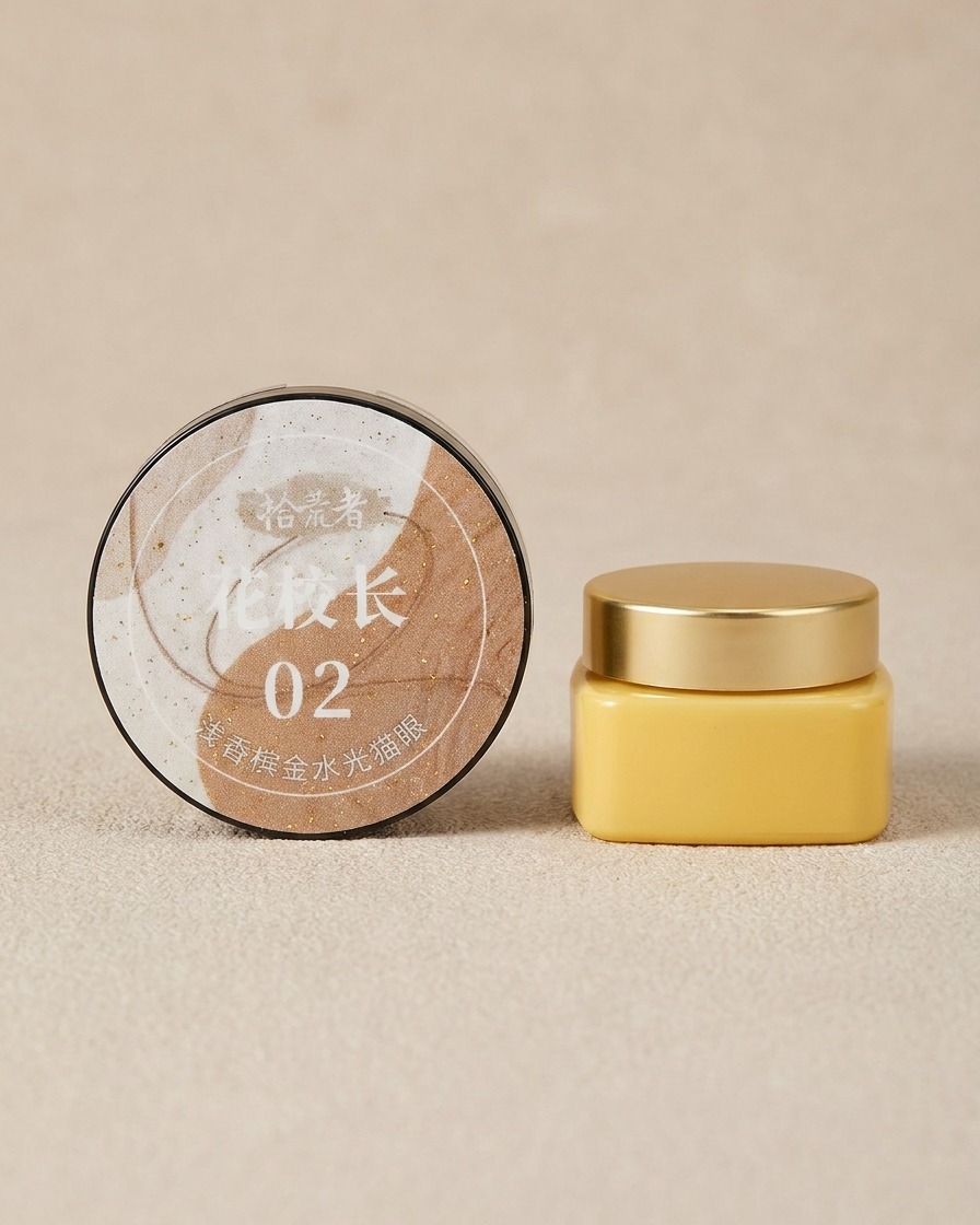 A small container of champagne-colored cat eye gel sitting next to a manicured nail.