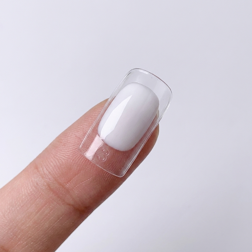 A close-up view of a brush applying a smooth, milky white gel polish onto a clear nail tip.