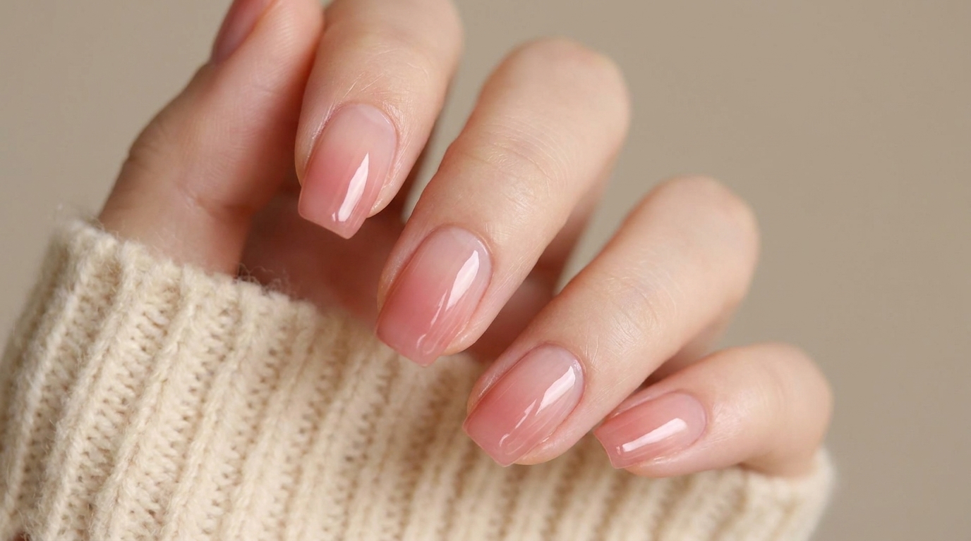 Close-up of a finished nude pink ombre manicure with a glossy finish on well-groomed nails, held naturally against a light-colored knit sleeve.
