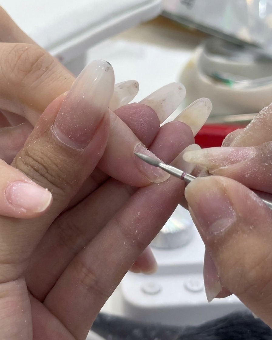 Close-up of a fine silver drill bit cleaning the cuticle area of a nail.