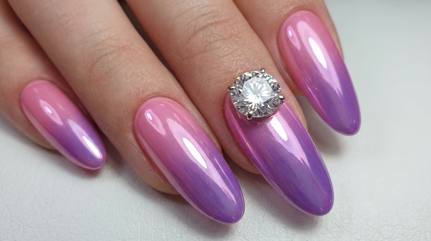 A close-up of the completed nail look on a hand, featuring a long, oval-shaped nail with a delicate pink-to-purple gradient, finished with a chrome powder, and adorned with a large, sparkling K9 diamond.