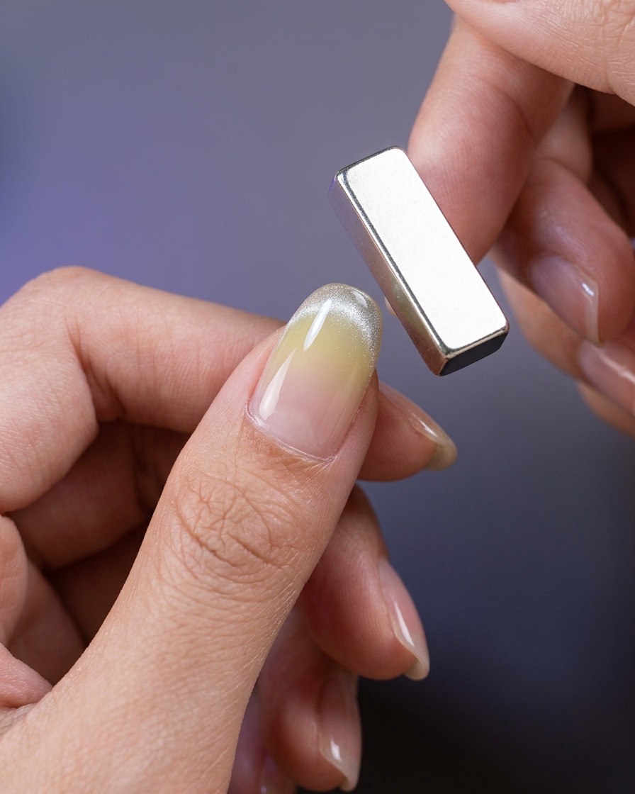A close-up showing a thin magnet being used to pull magnetic gel polish into a defined line at the tip of the nail.