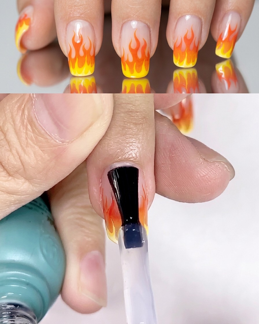 A final clear top coat being applied to the completed flame nail design.