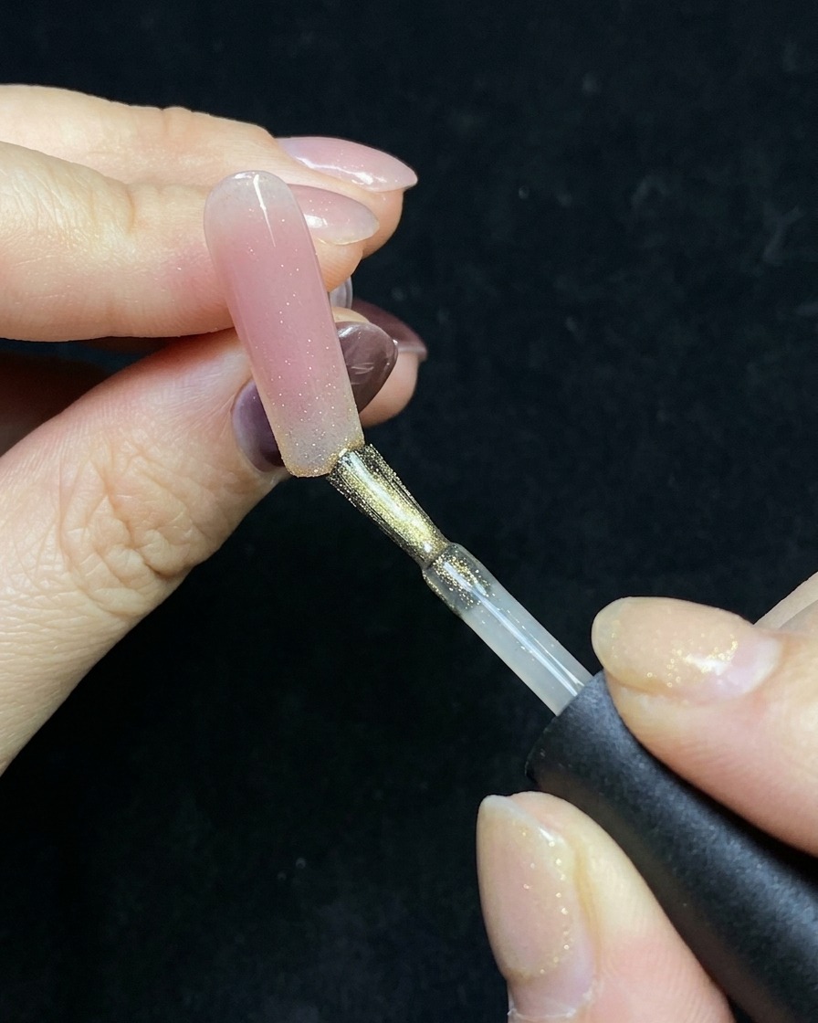 A brush applying gold glittery cat-eye gel to the tip of a nail painted with a nude base.
