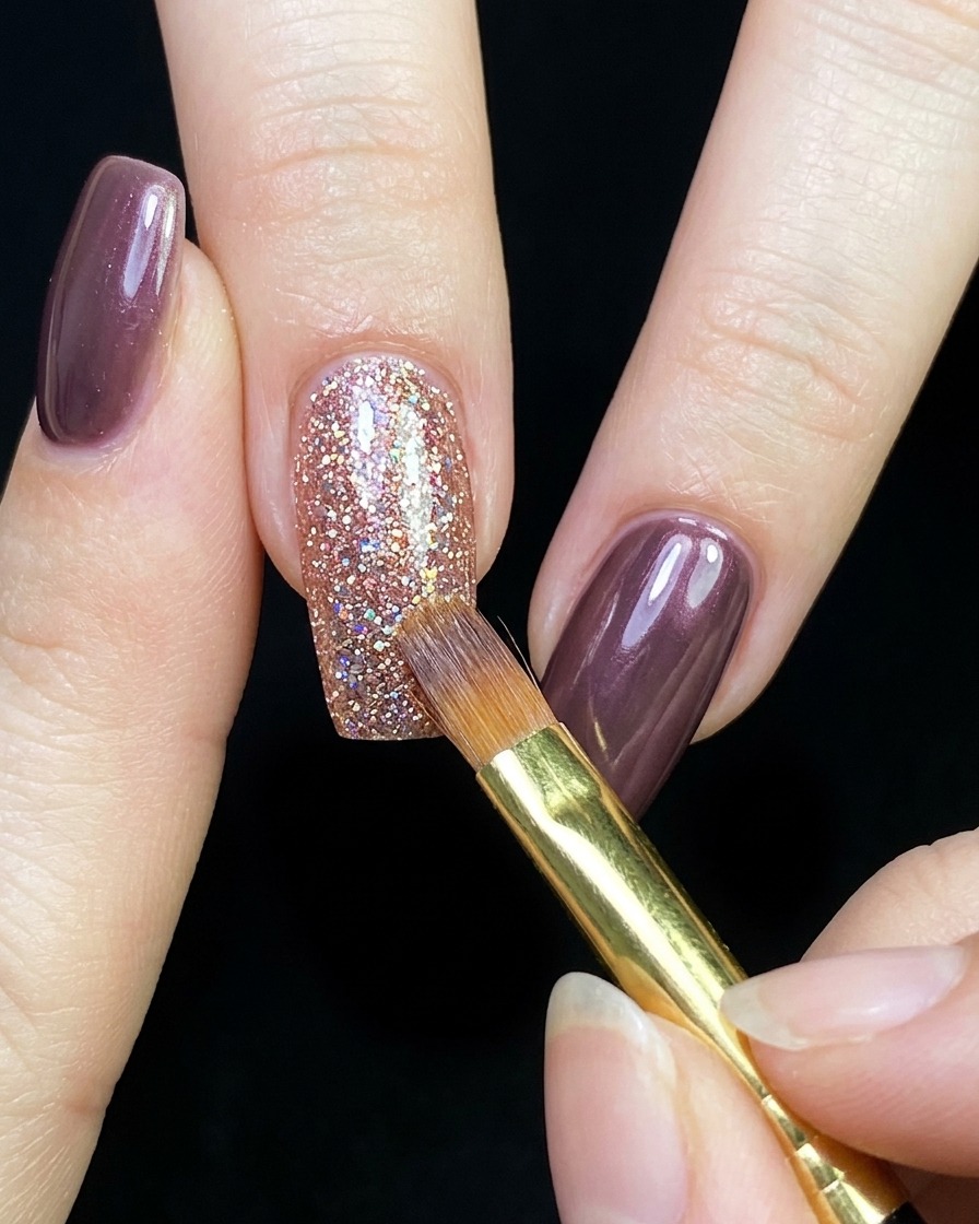 A nail with gold cat-eye gel being held while a brush helps smooth the finish before curing.