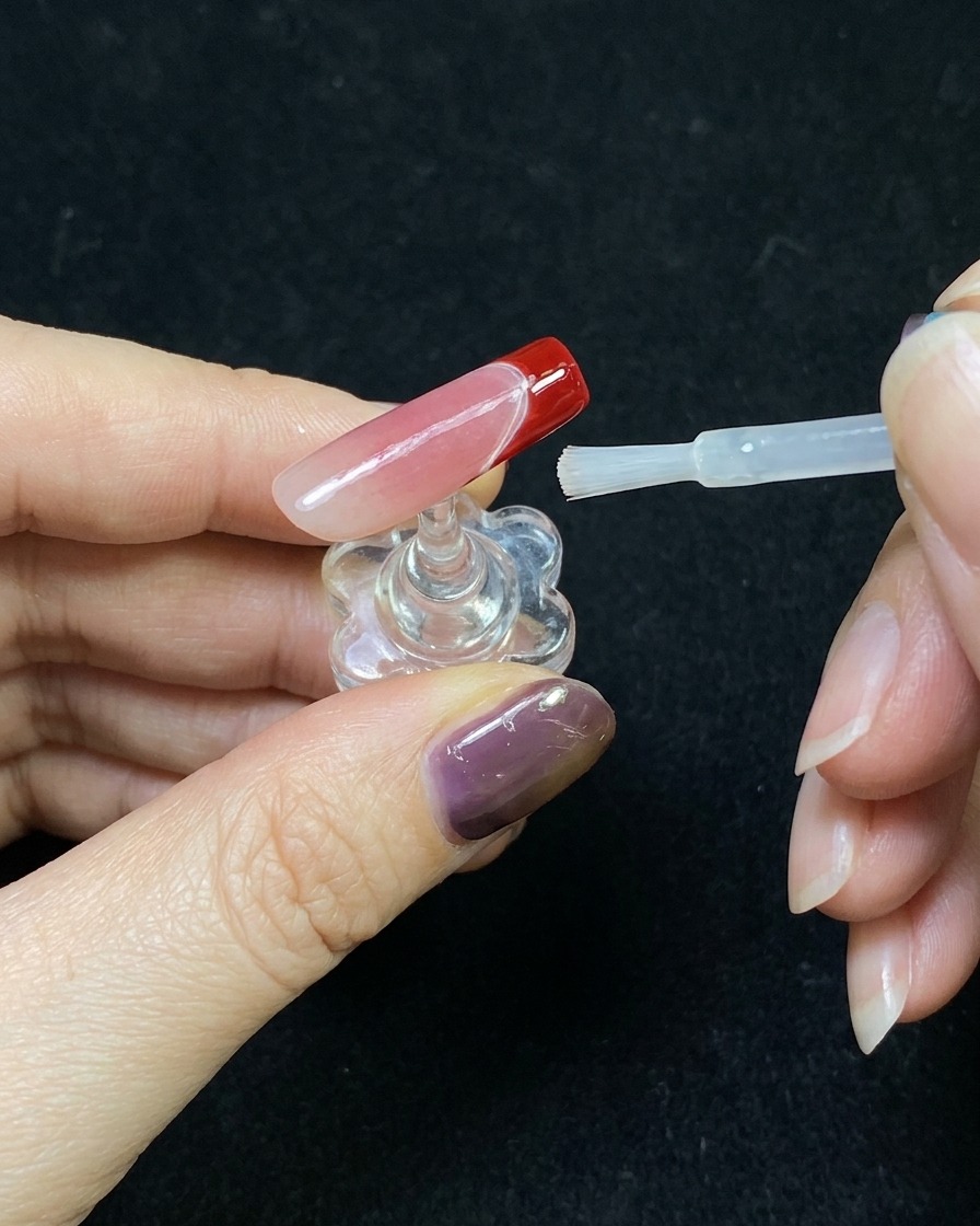 A clear top coat being applied over a finished red French tip nail design.