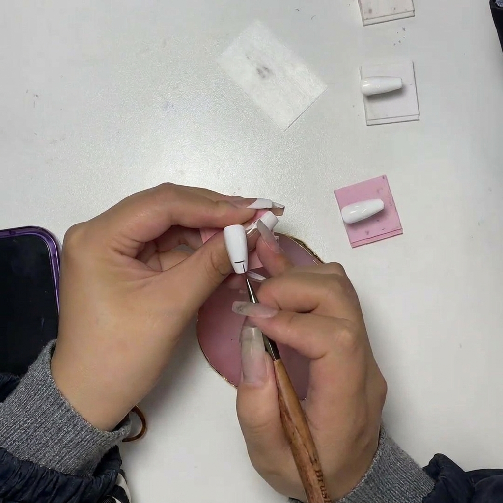 A close-up of the nail showing a T-shape formed by a vertical line intersecting the horizontal baseline.