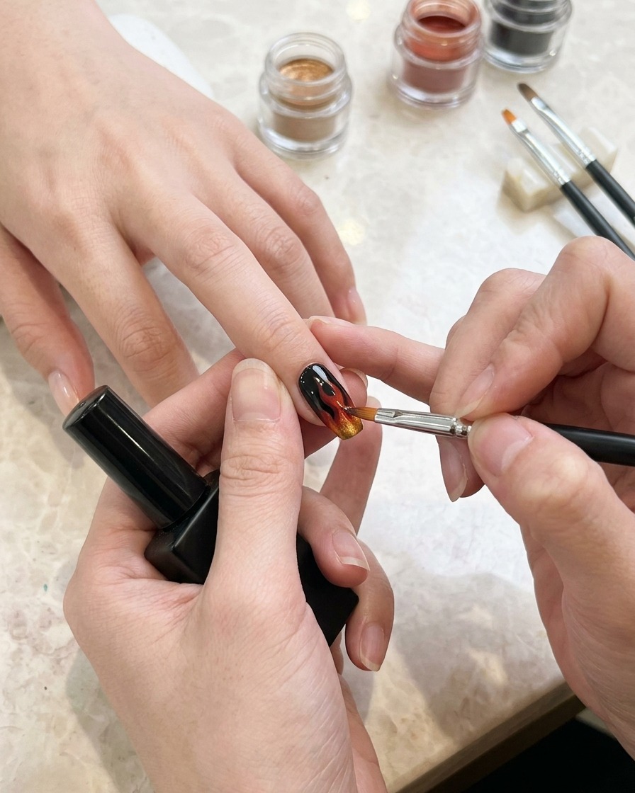 A close-up view of a thin nail art brush drawing white flame shapes onto a black-painted nail.