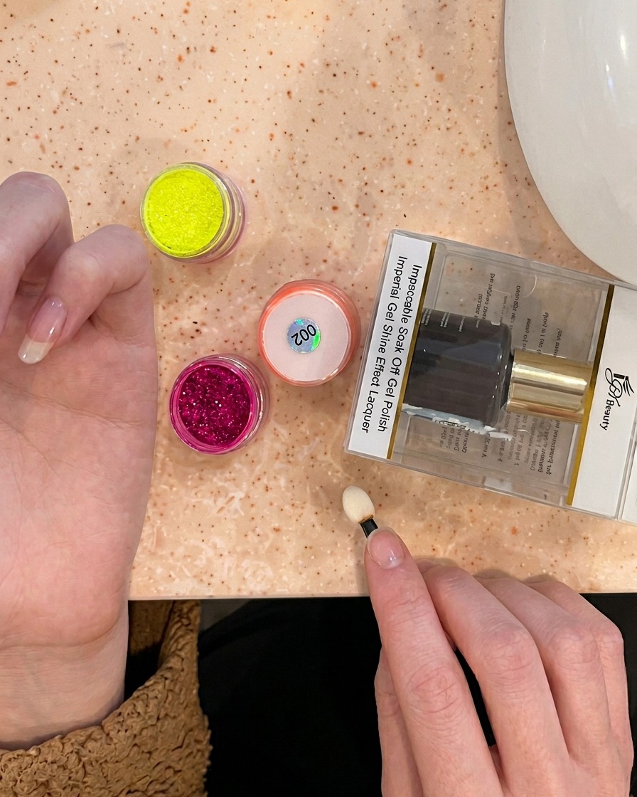 A sponge applicator blending orange pigment into the pink area on the flame-decorated nail.