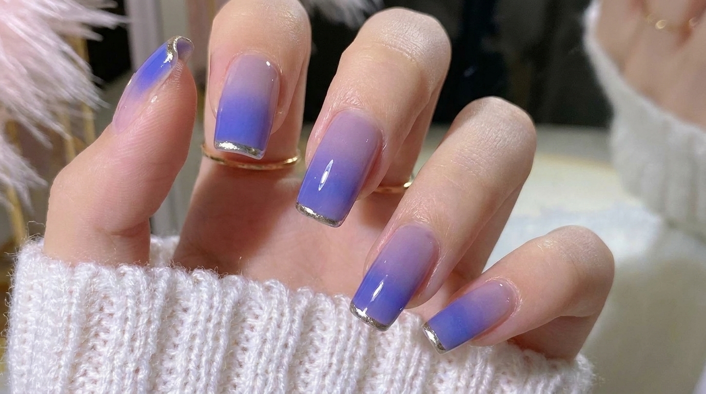 Gradient Blue and Purple Nails with Metal French Tip — Step-by-Step Tutorial