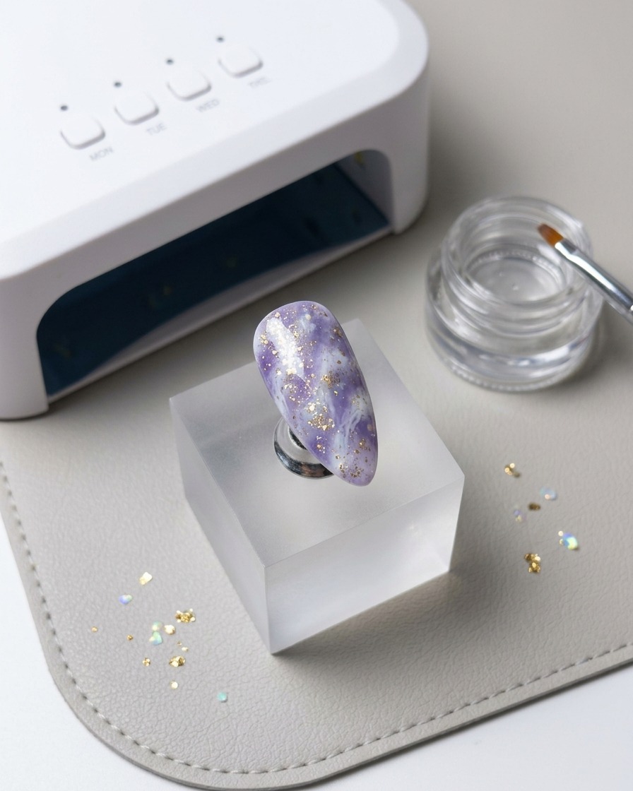 A dotting tool or brush applying white blooming gel to the nail surface.