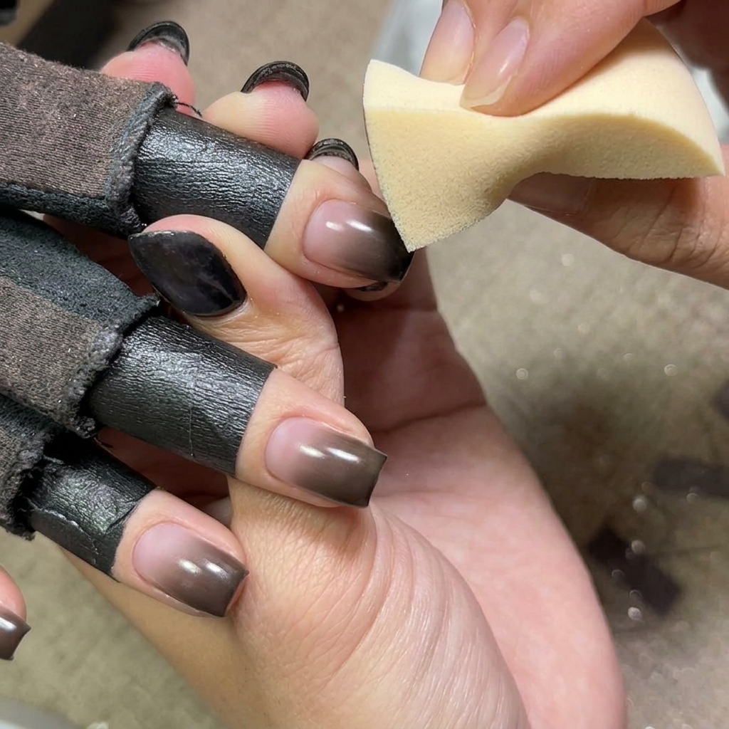 Close-up of a sponge adding more black pigment to the tips of the nails for a deeper gradient.