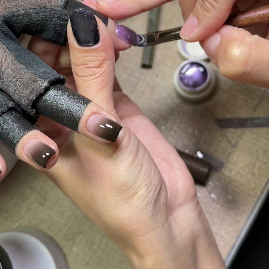 Applying a layer of shimmering purple cat eye polish over the gradient nail.