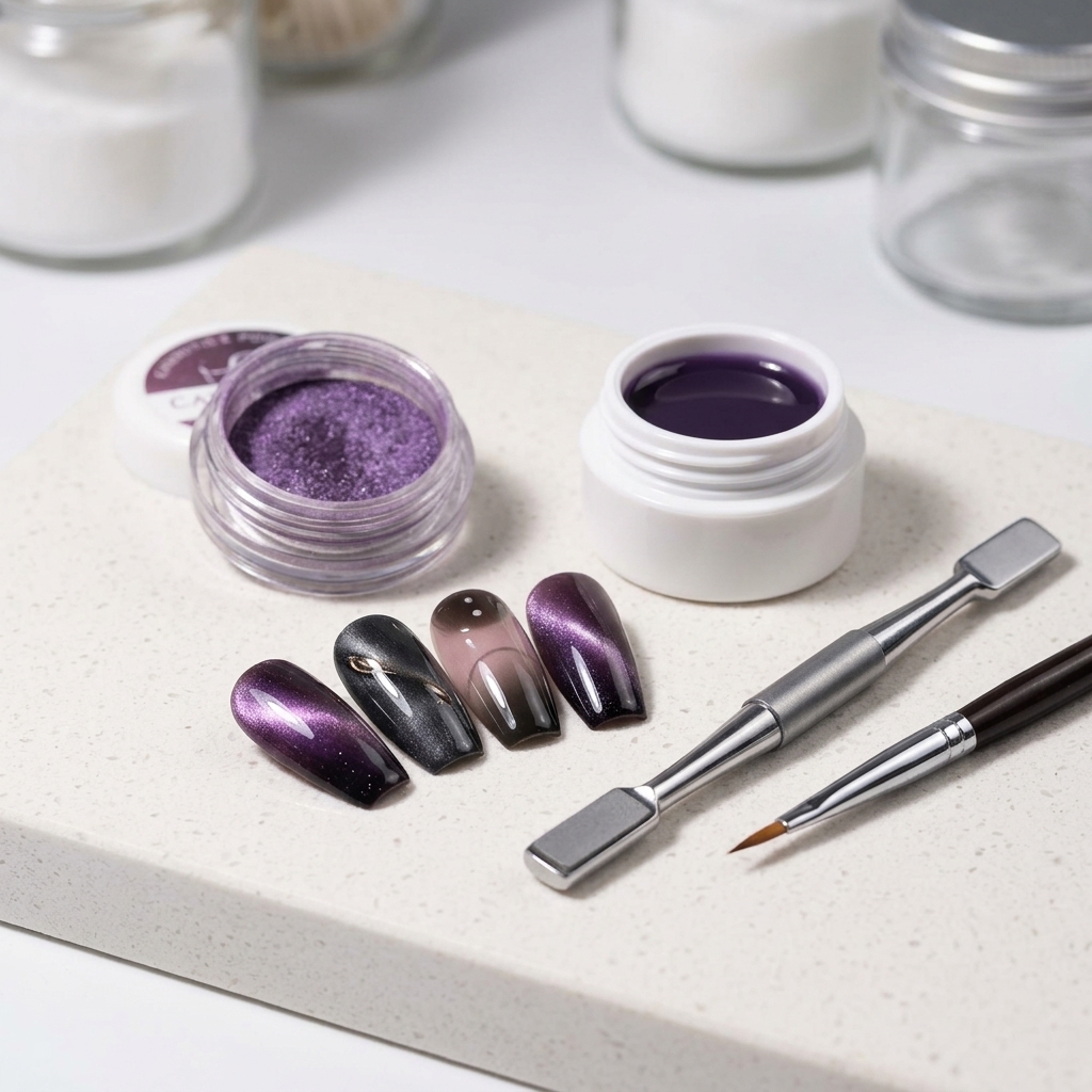 A magnet being held over a nail to shape the purple cat eye pigment into a decorative pattern.