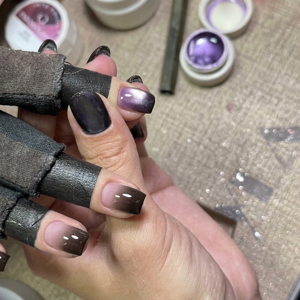 A close-up of a nail with purple cat eye gel being manipulated by a magnetic tool to enhance the shimmer.