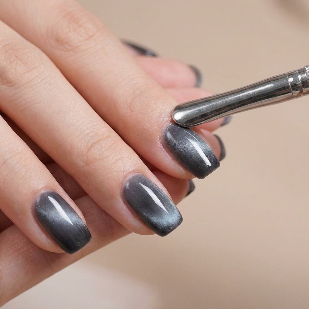 A magnetic tool being hovered over a nail painted with blue cat eye gel to create a shimmer effect.