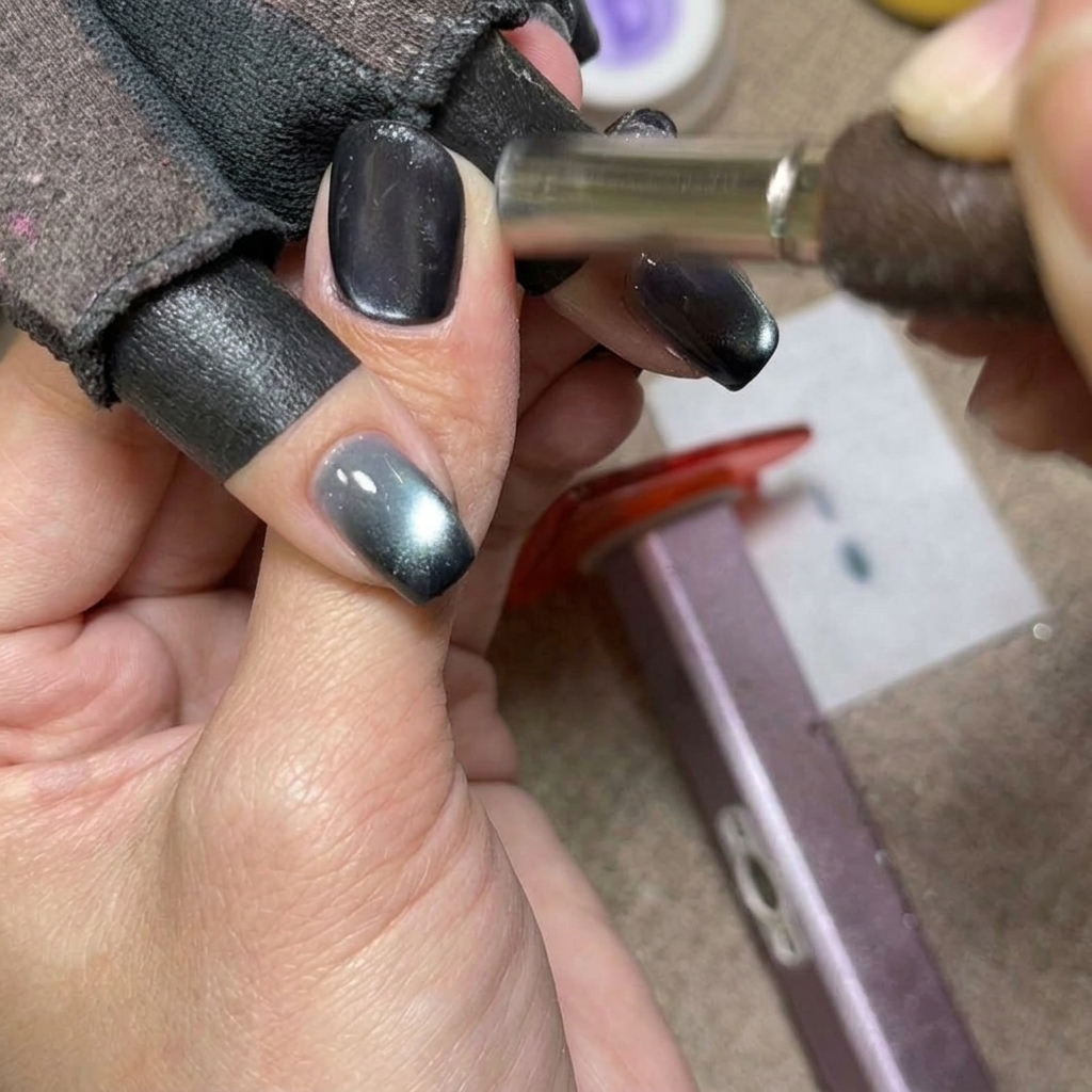 A magnetic tool being used to refine the shimmer on a blue cat eye nail.