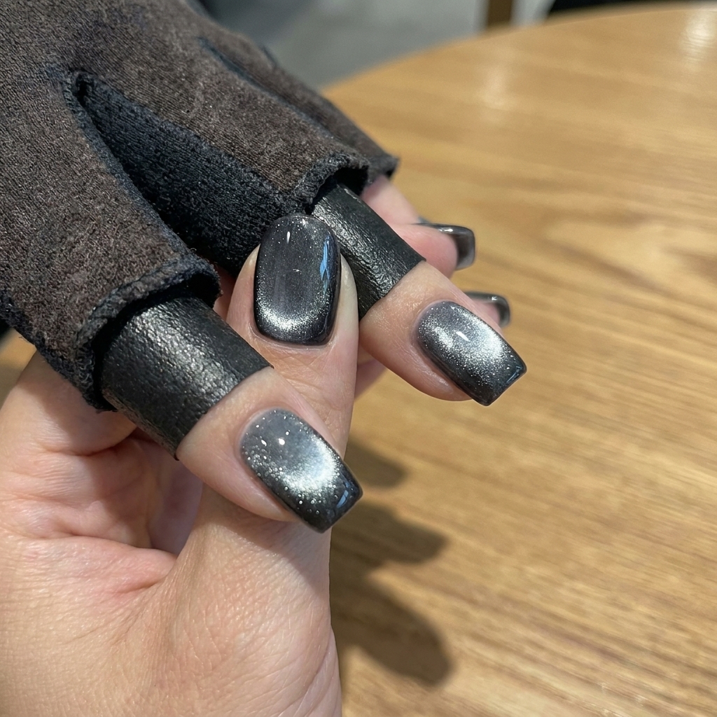 A hand with blue cat eye gel polish resting inside a UV lamp for the final curing process.