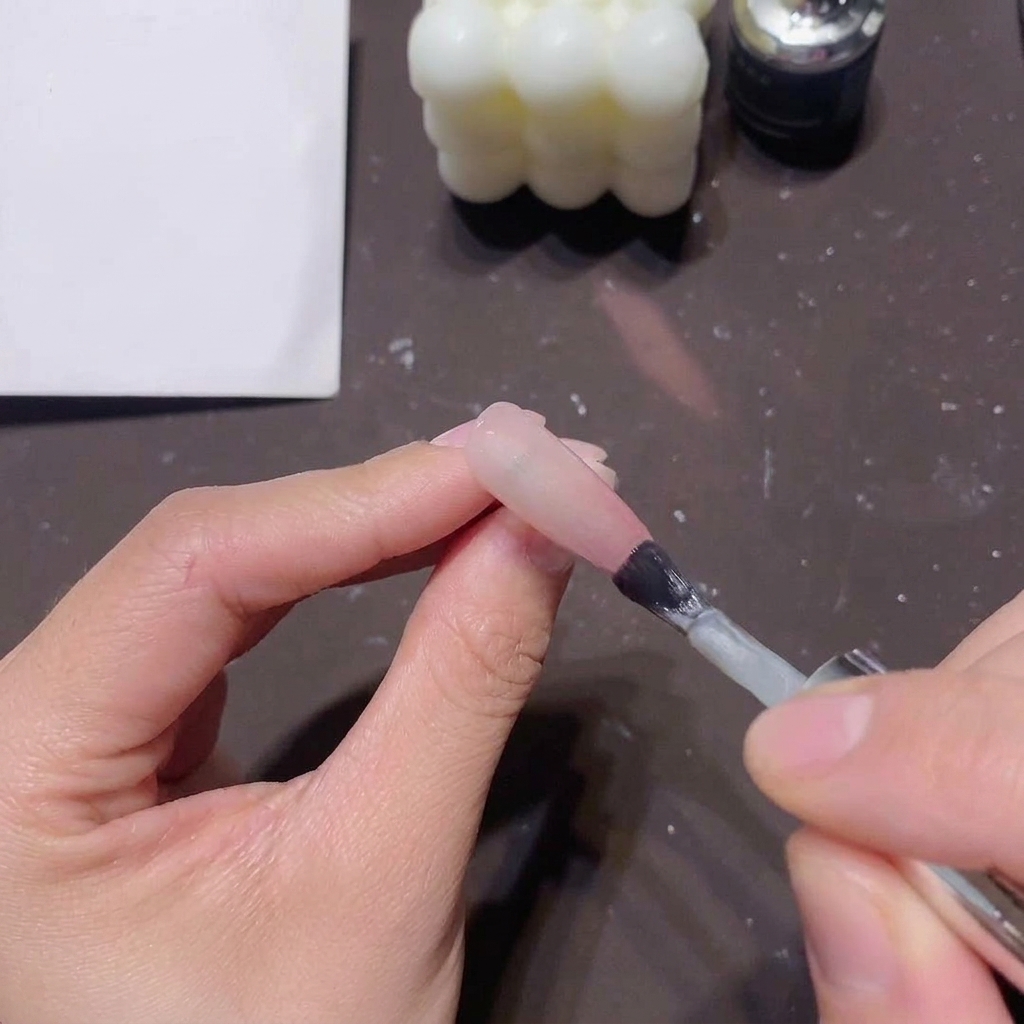 A brush from a gel polish bottle applying a generous layer of clear magnetic cat-eye gel over a pink and clear ombre nail.