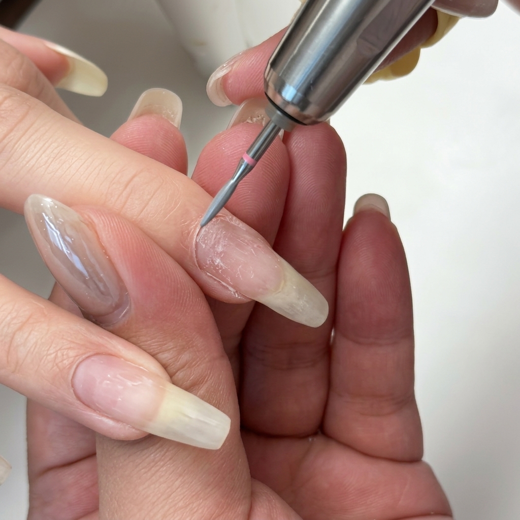A close-up view of a professional e-file bit gently cleaning the cuticle area of a natural nail.