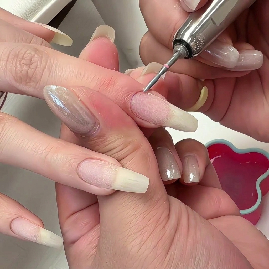Close-up of a flame-shaped e-file bit smoothing the skin around the nail base.