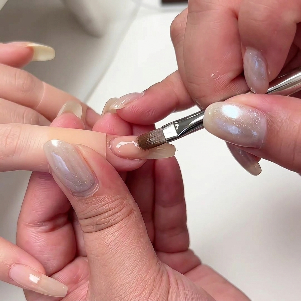 A nail brush applying a nude-toned builder gel to the center of the nail, distributing it evenly.