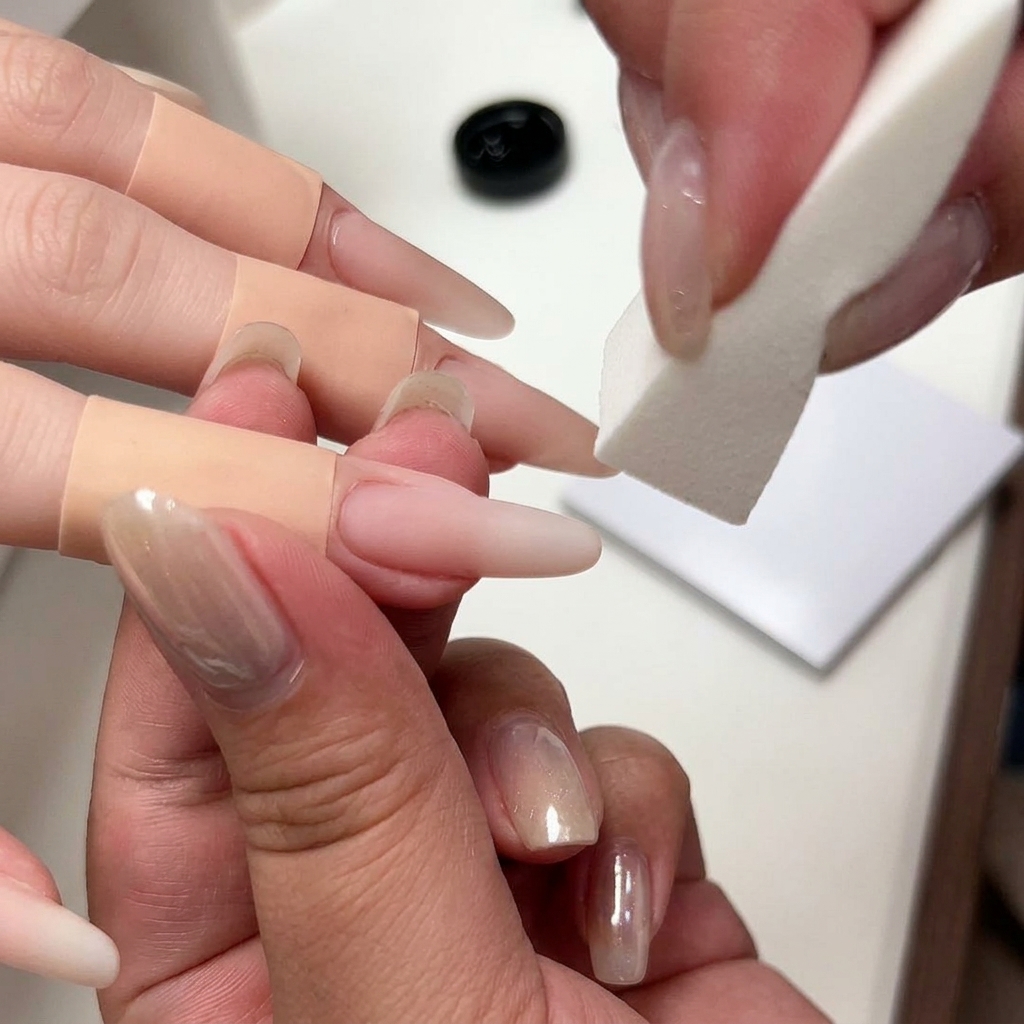 A buffer block smoothing the surface of a structured, nude-colored gel nail.