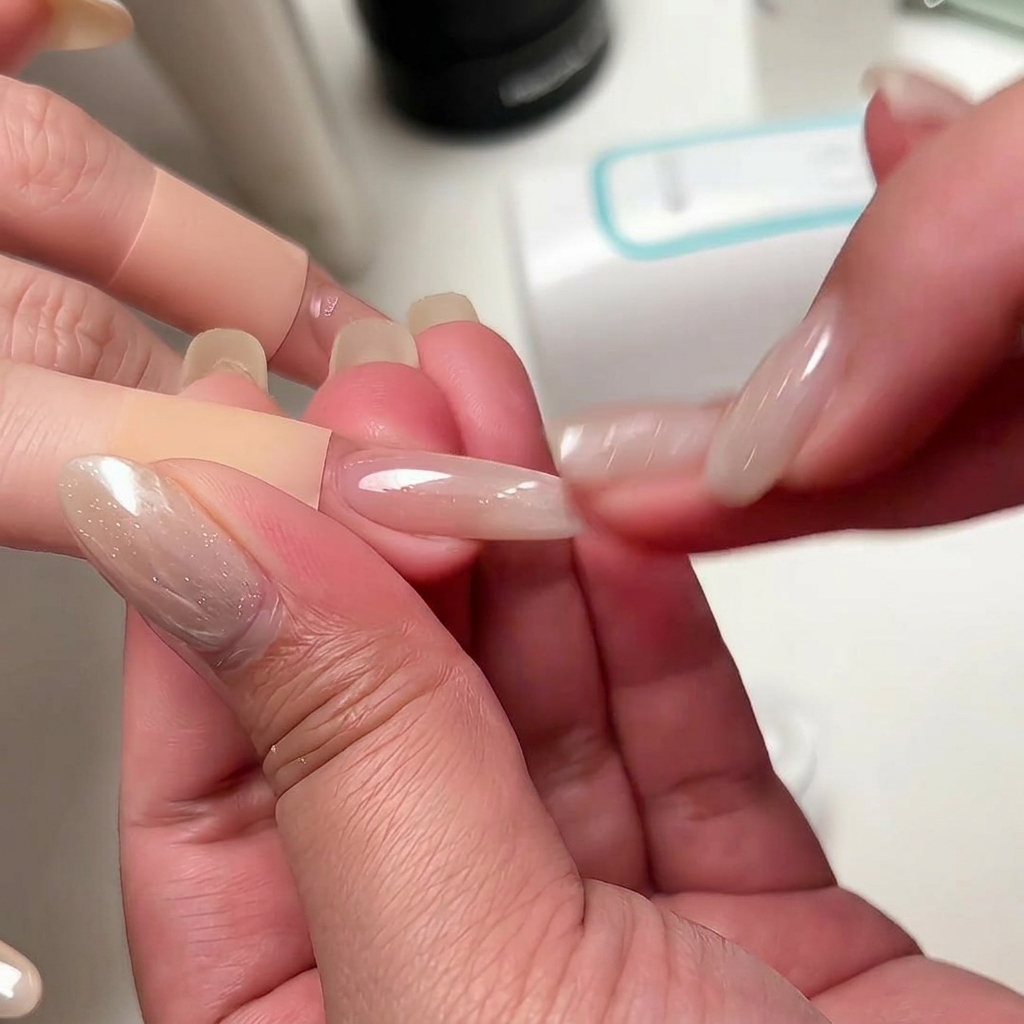A close-up of a hand gently rubbing shimmering chrome powder onto a milky white ombre gel nail.