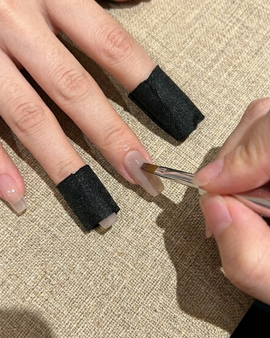 A close-up of a brush applying clear base coat gel to a natural fingernail with a clean, smooth application.
