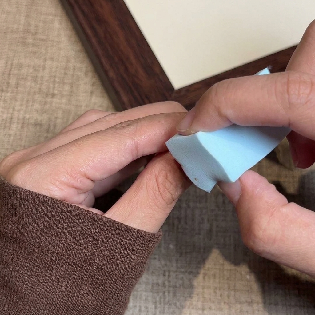 A makeup sponge being pressed onto a fingernail to transfer gel polish for an ombre effect.