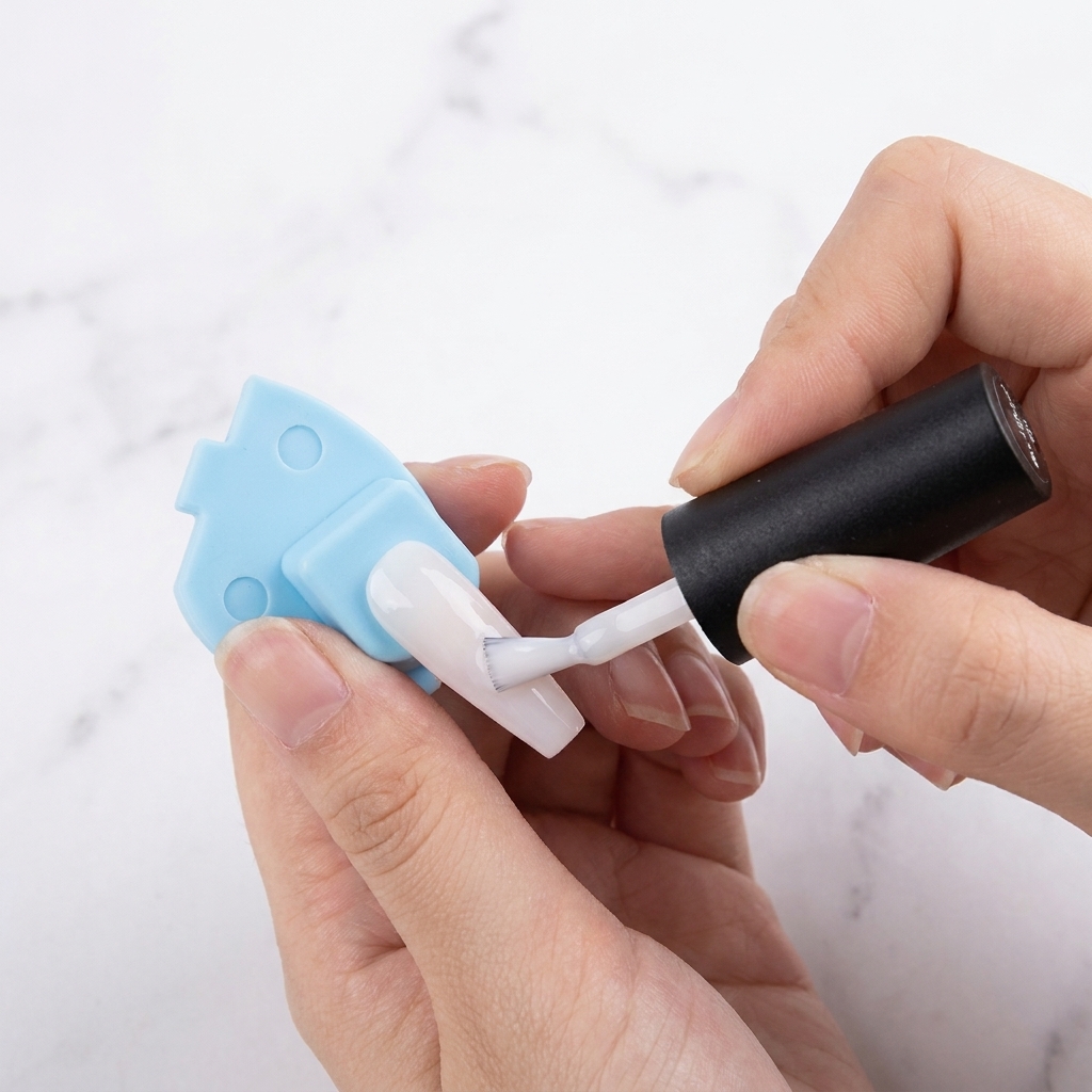 A brush depositing a small amount of milky white polish at the tip of a pink-painted nail.