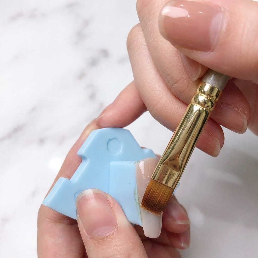 An ombre brush being used to blend white polish into the pink base to create a gradient effect.