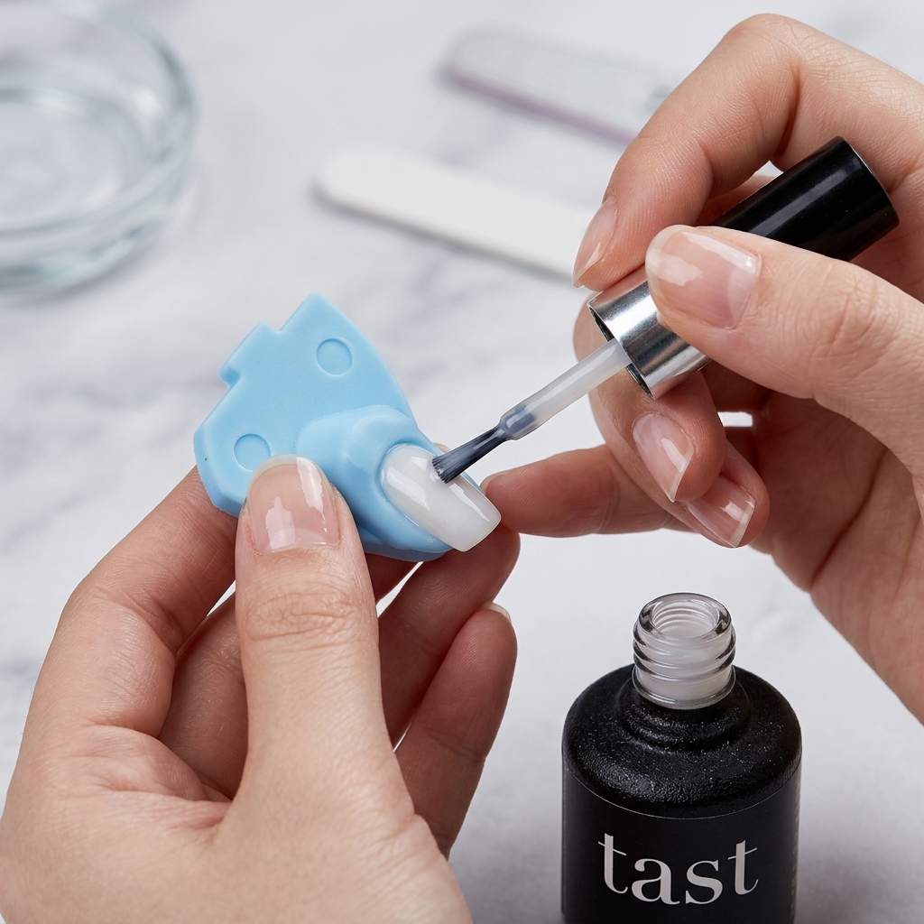 Applying a second, more concentrated layer of milky white polish to the nail tip.