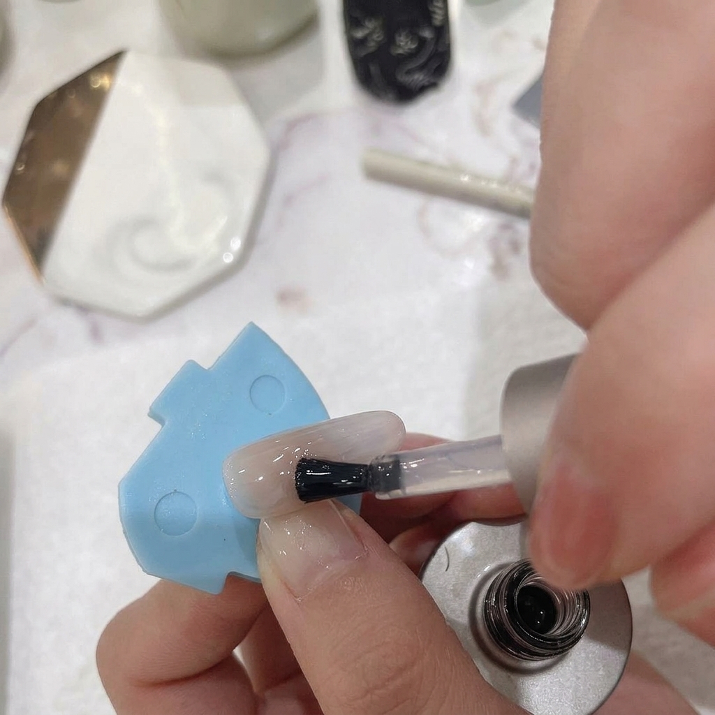 A brush applying a clear, glossy top coat onto a smoothly blended pink and white ombre nail.