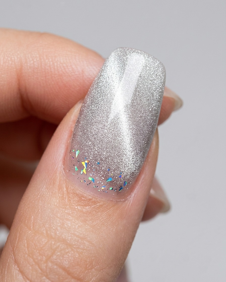 A close-up view of a magnetic wand being held over a nail to shape the shimmer particles.