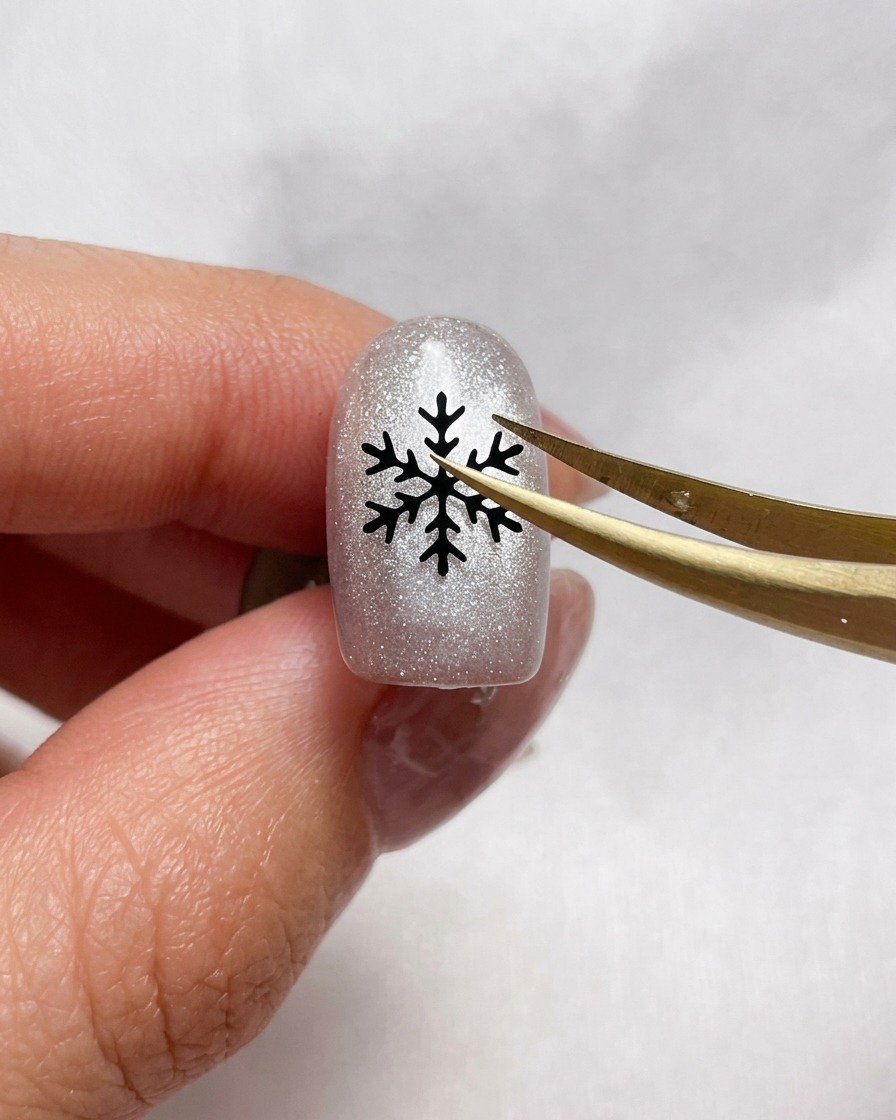 Tweezers holding a small black snowflake sticker above a shimmery silver-painted nail.