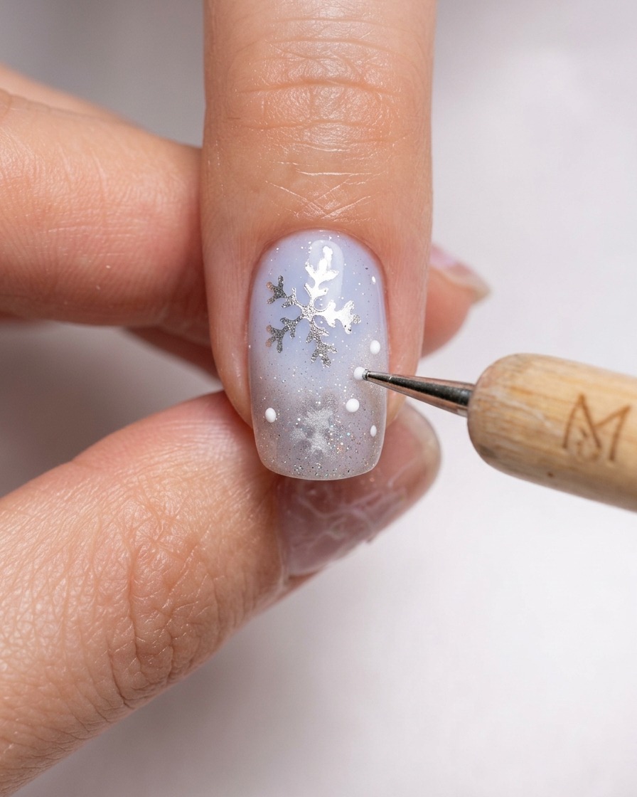 A close-up of a dotting tool applying tiny white gel dots onto a light blue and silver winter themed nail.