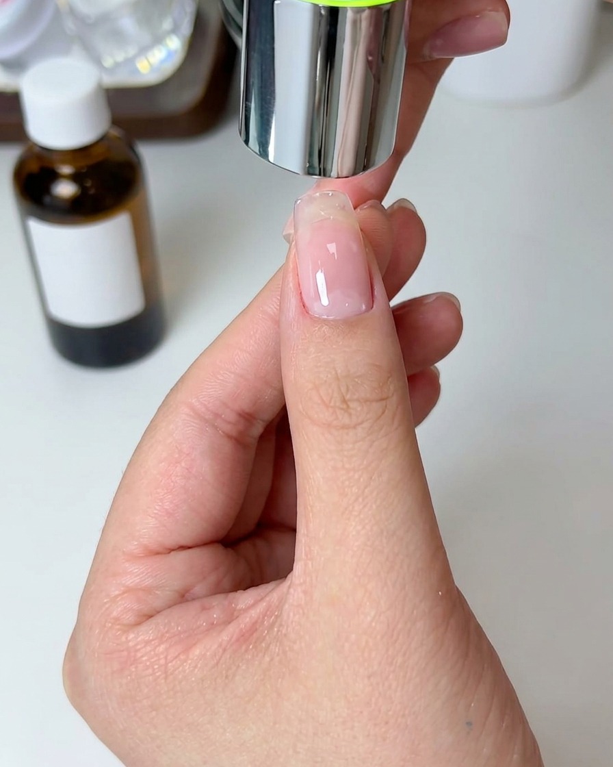 A hand placing a finger under a compact LED nail lamp to cure the gel.