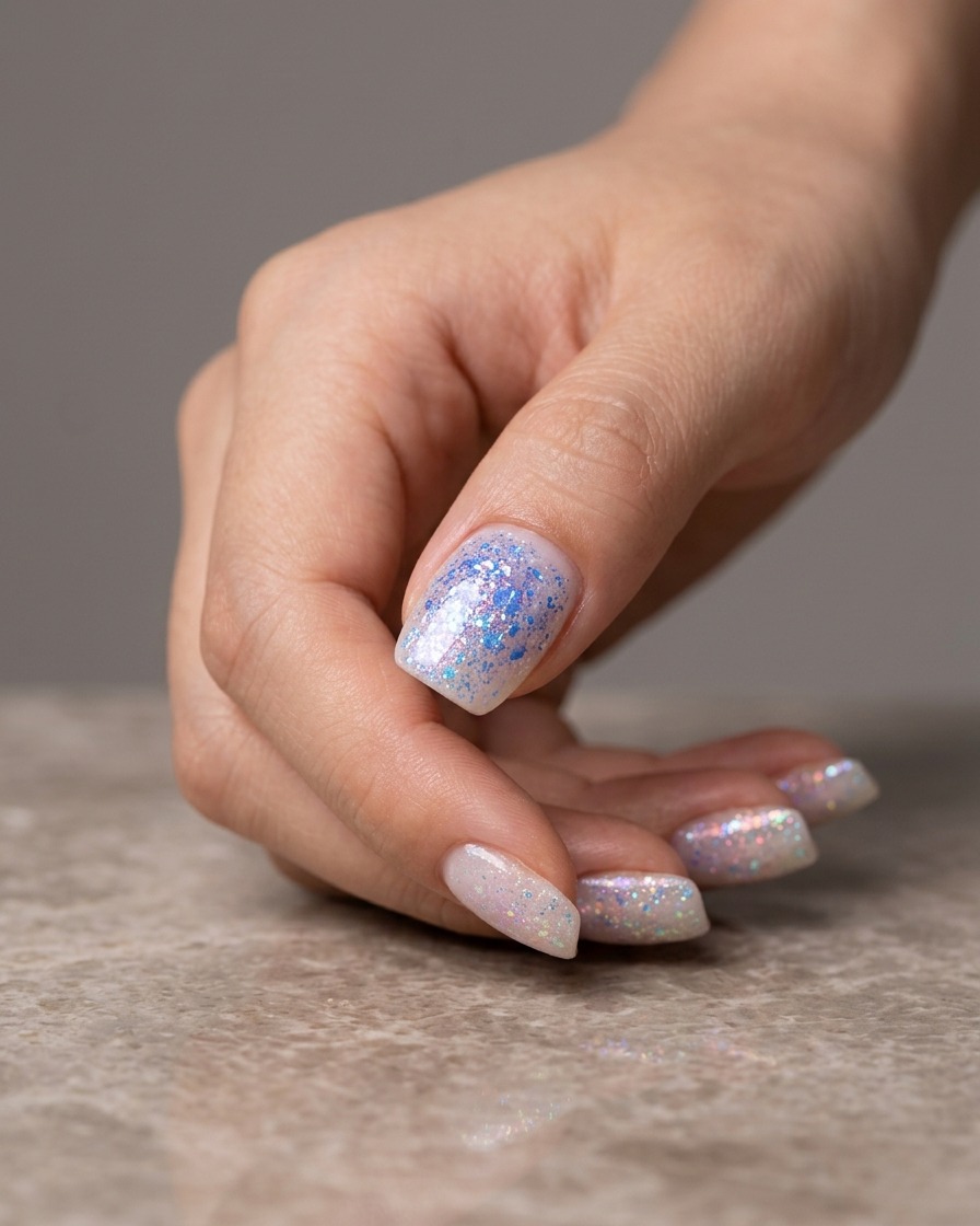 A close-up of a nail being painted with blue texture gel over a pre-existing multi-colored marbled gel base.