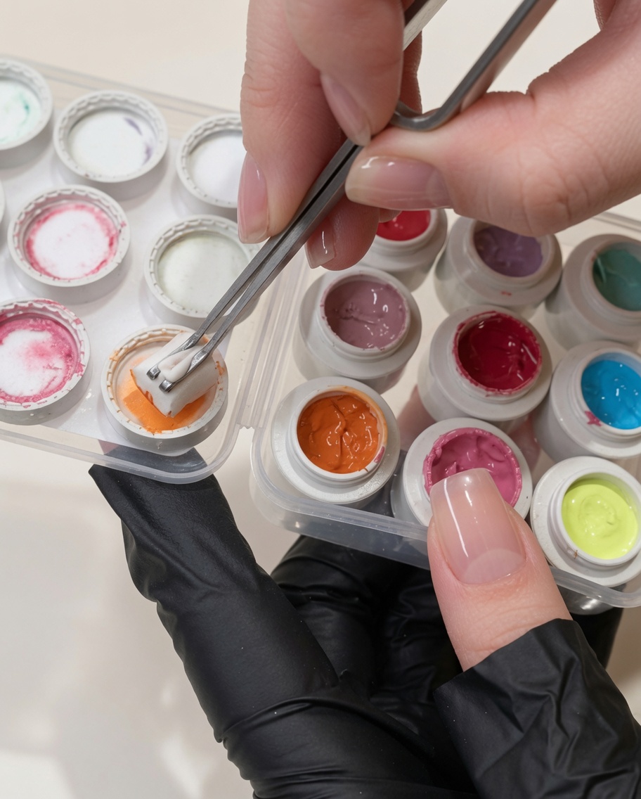 Tweezers holding a small square sponge, dipping it into a pot of bright orange gel polish.
