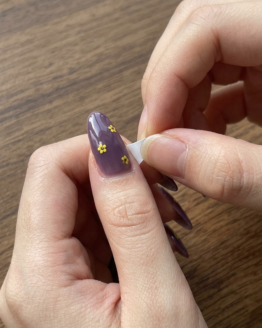 A close-up view of a sponge applying blue gel polish to the tip of a nail to enhance the color gradient.