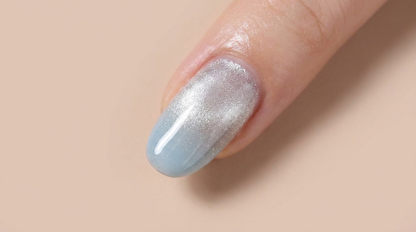 A soft baby blue gradient transitioning to a sheer base, finished with a shimmery magnetic cat-eye effect on an almond-shaped nail.
