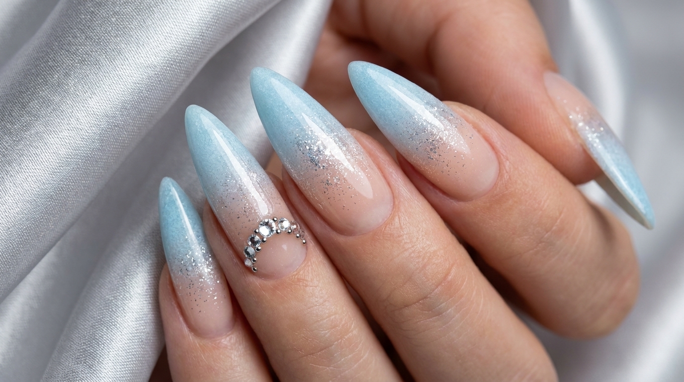Frosty Blue Ombre Stiletto Nails — Elegant Glitter & Rhinestone Tutorial