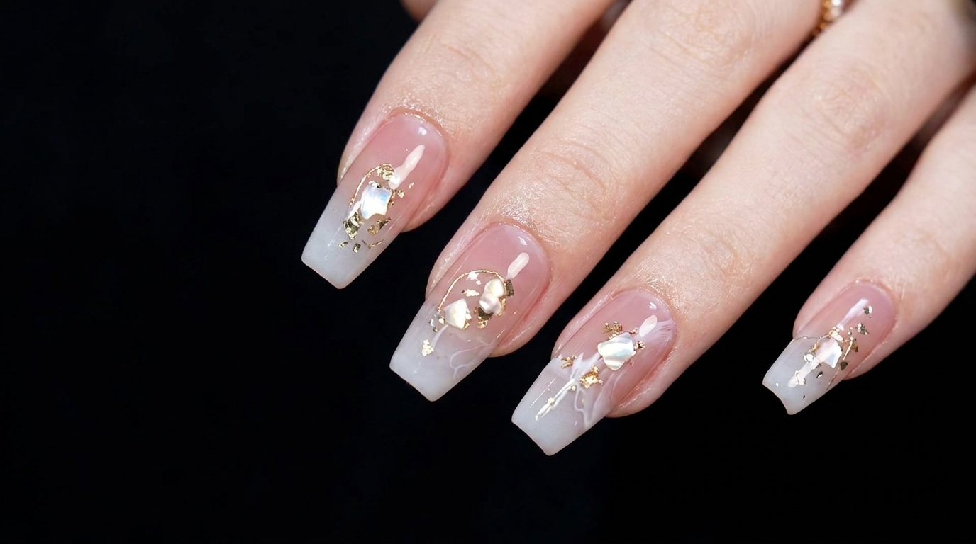 Jelly pink gradient nails adorned with water wave art, gold foil, and iridescent shell pieces for a high-gloss finish.