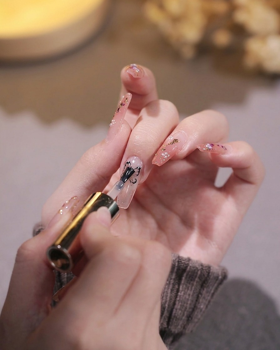 A close-up view of a brush applying a clear gel base coat to a natural nail.
