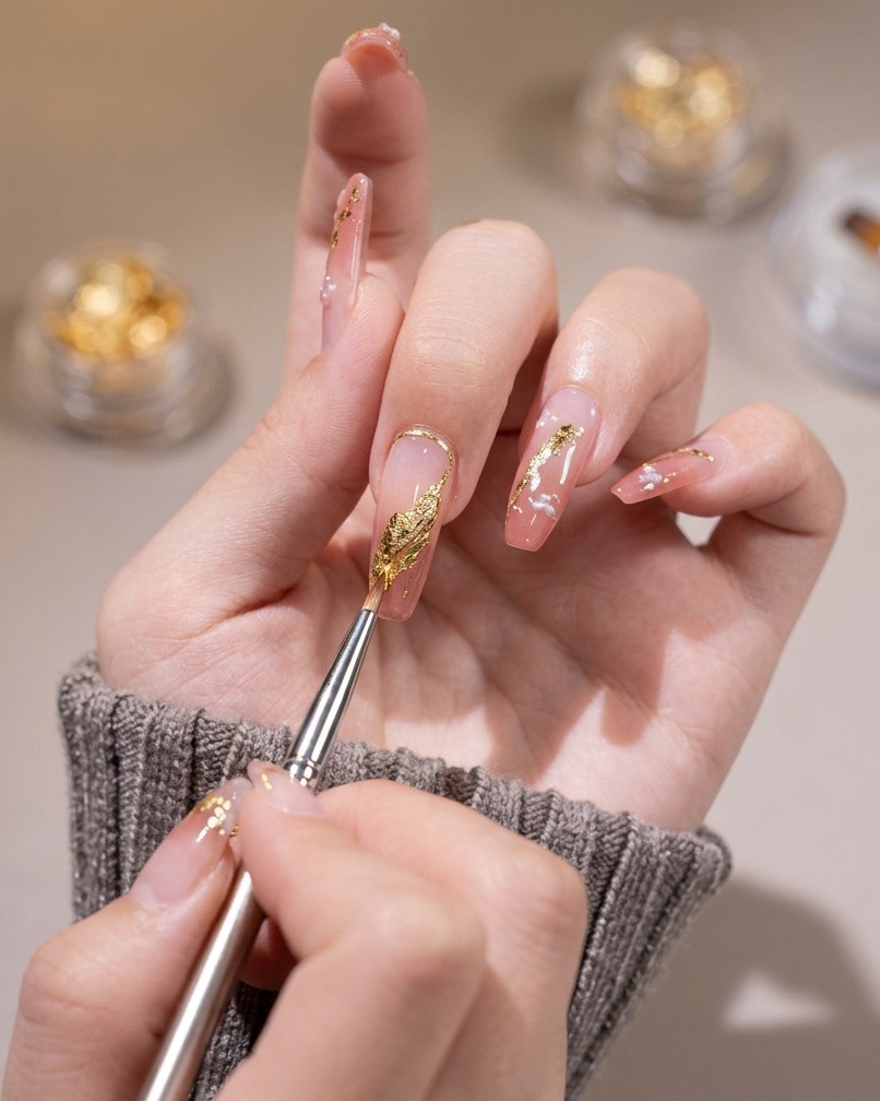 A liner brush being used to flatten and position gold foil decorations on a fingernail.