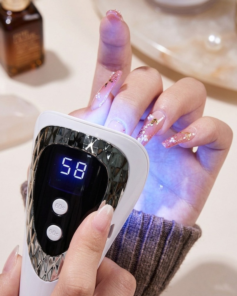 A liner brush being used to precisely place small crystal rhinestones onto a nail design.