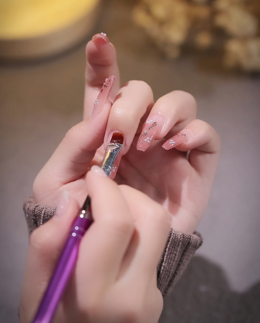 A nail brush applying a clear, glossy top coat over a nail decorated with gold foil and embellishments.