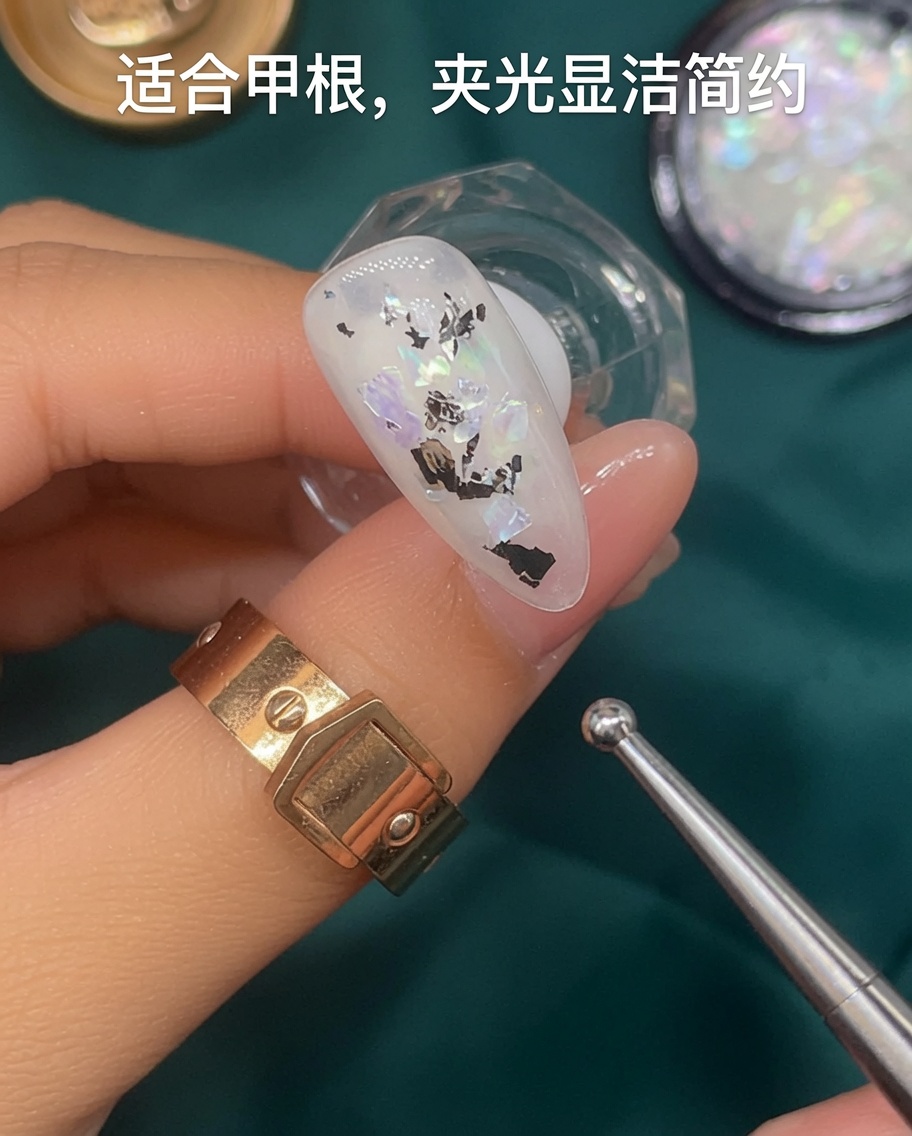 A brush applying translucent white gel polish onto a nail.