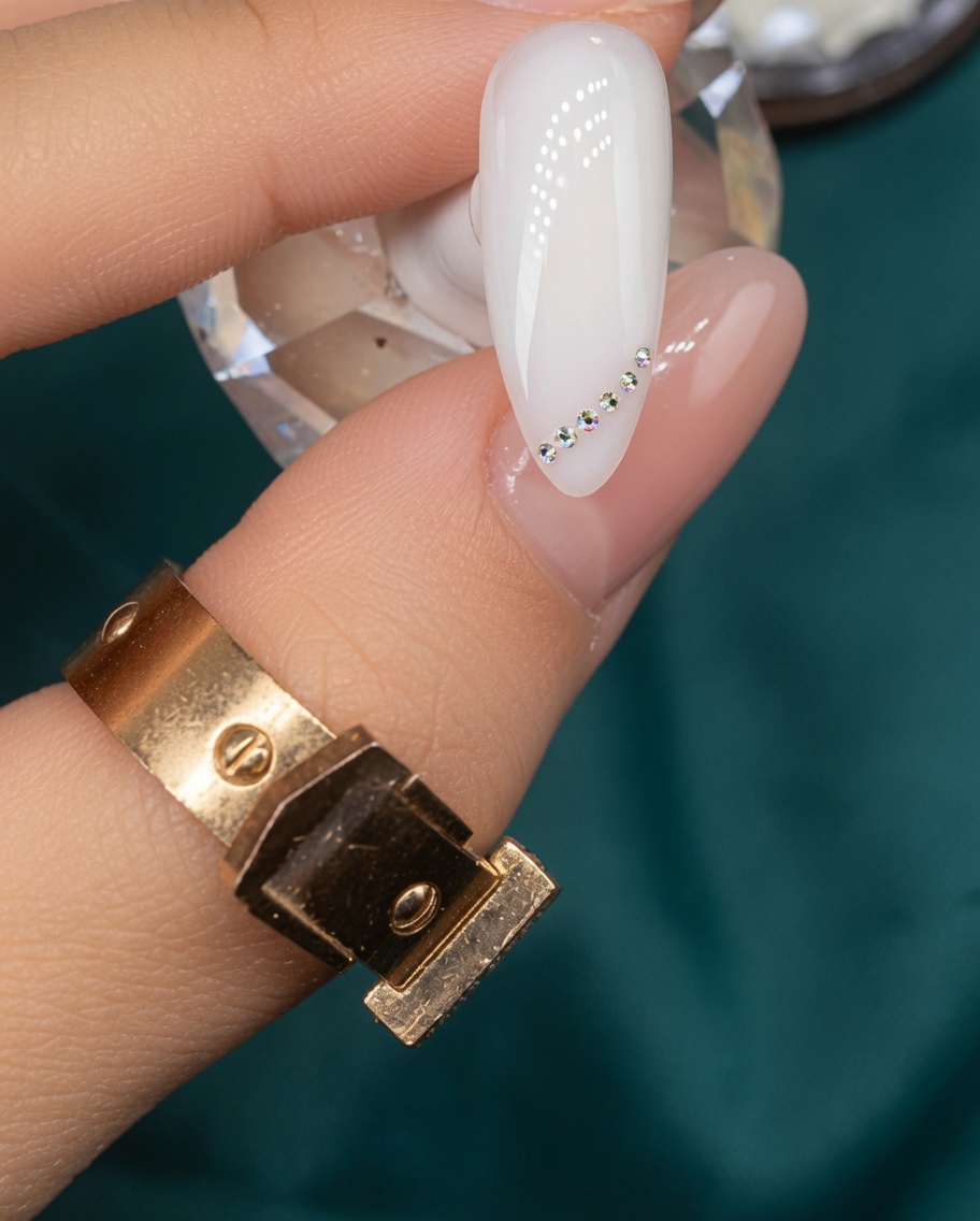 A nail brush applying translucent white gel to the surface of the third nail.